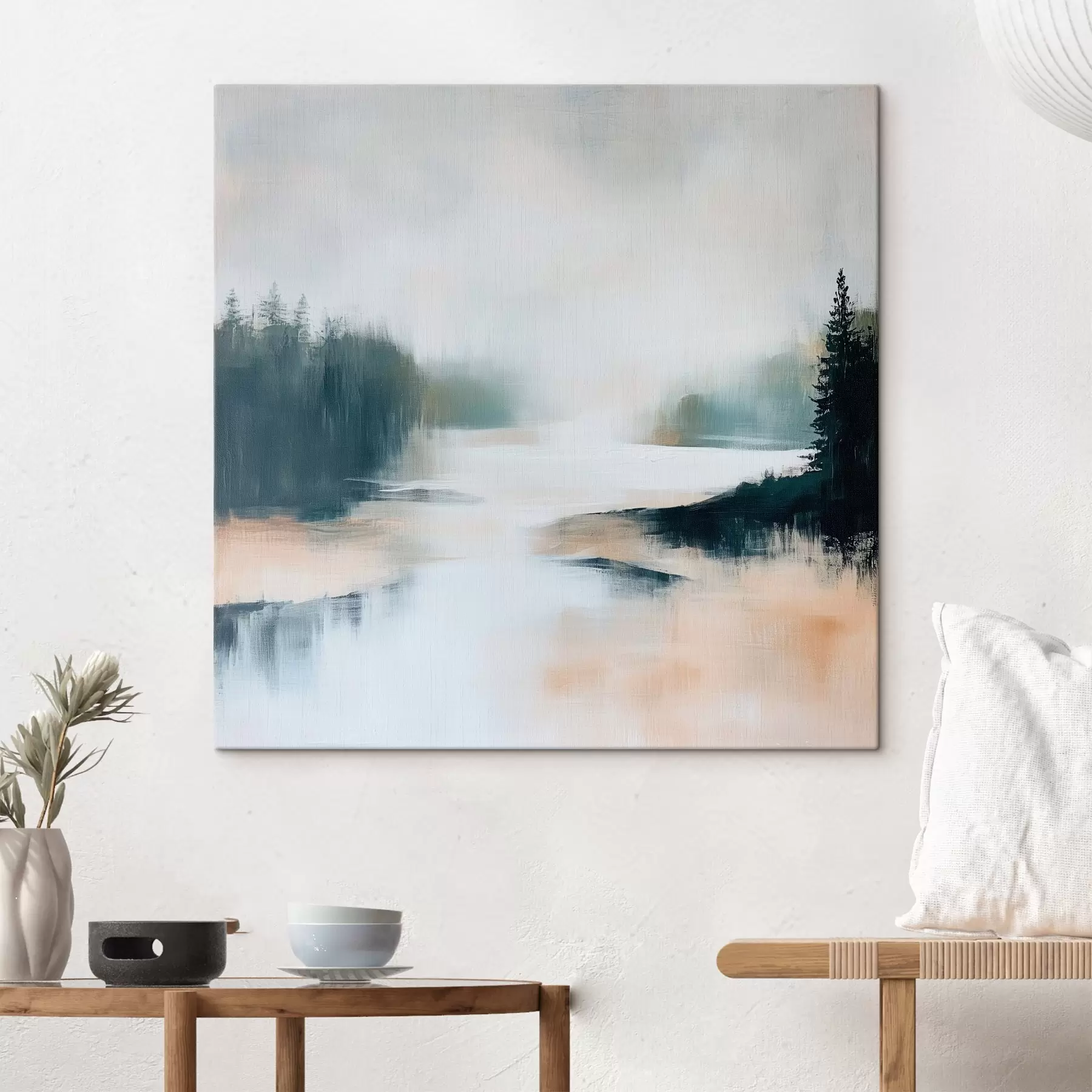 Tablouri Peisaj forestier abstract în nuanțe de roz și albastru, realizat într-un stil pictural contemporan s48862