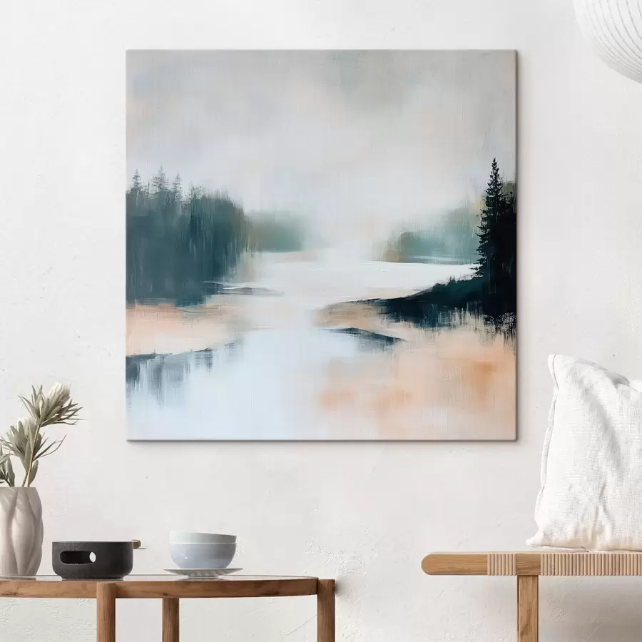 Tablouri Peisaj forestier abstract în nuanțe de roz și albastru, realizat într-un stil pictural contemporan s48862