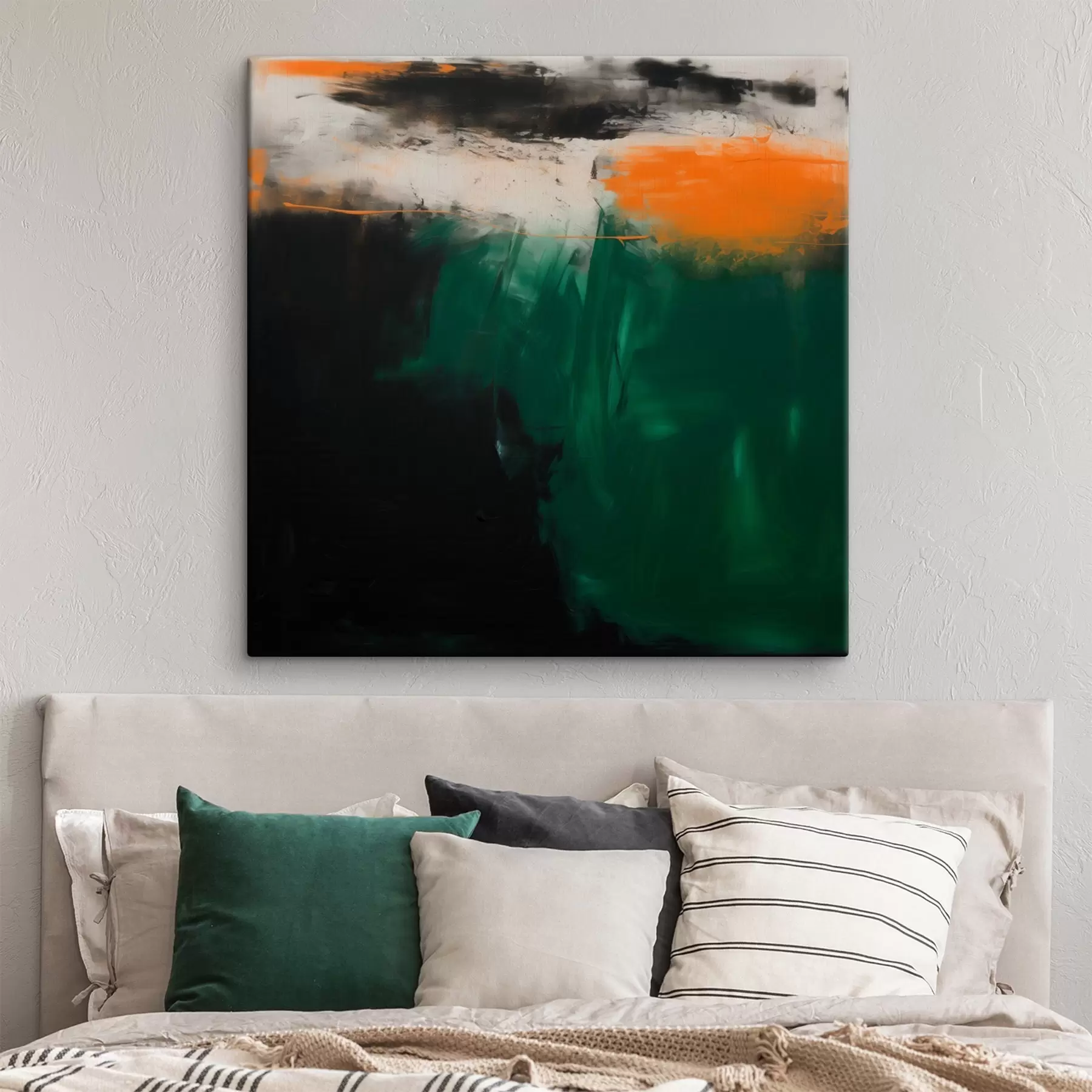 Tablouri O pictură abstractă cu accente portocalii și tușe de verde intens, realizată într-un stil contemporan s48865