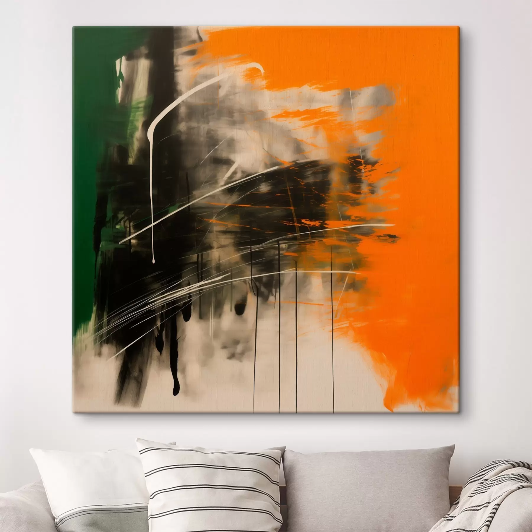 Tablouri O pictură abstractă cu tușe de portocaliu și verde, realizată într-un stil contemporan s48866