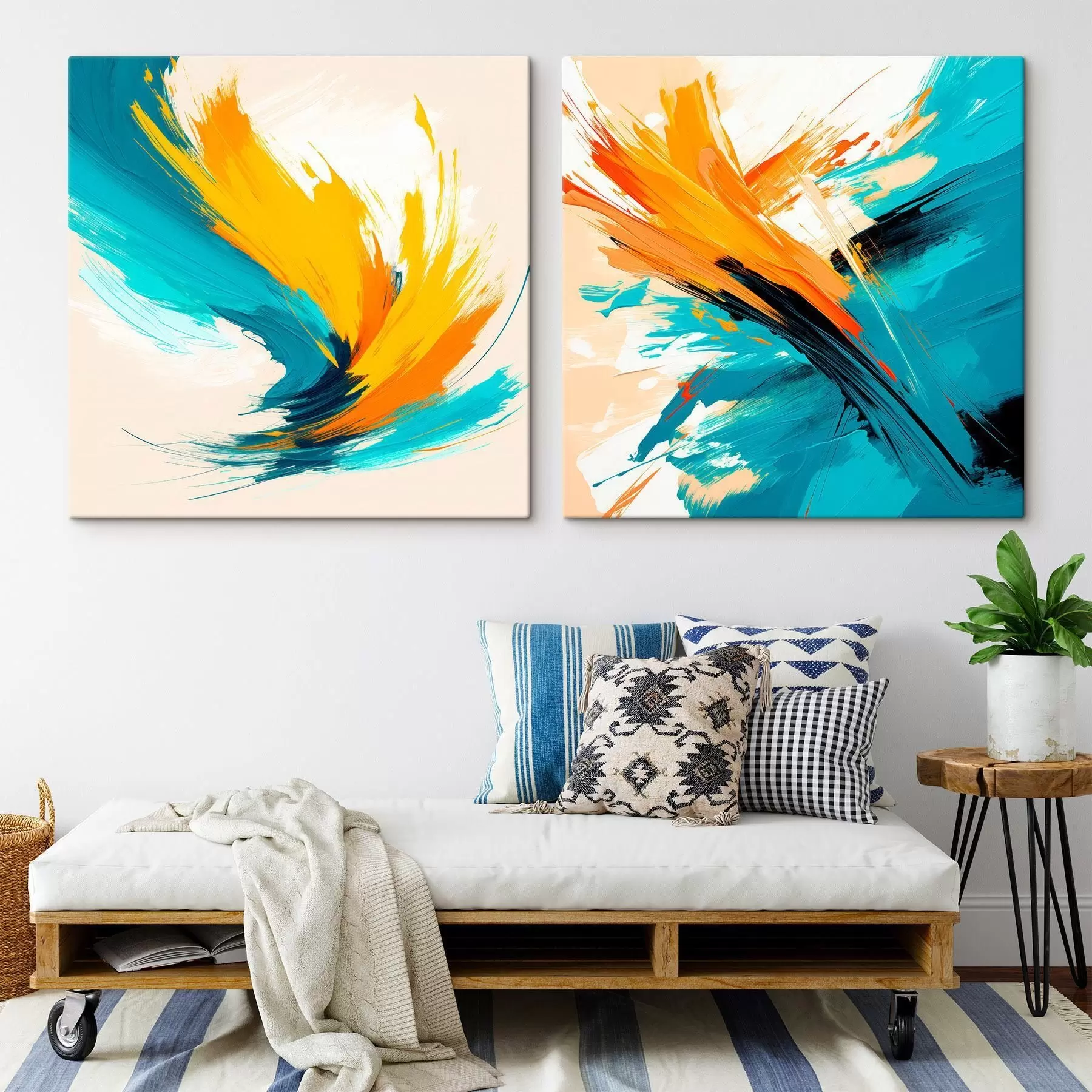 Tablouri Tușe de vopsea dinamice într-o paletă de culori turcoaz-portocaliu, într-un stil artistic contemporan m30354