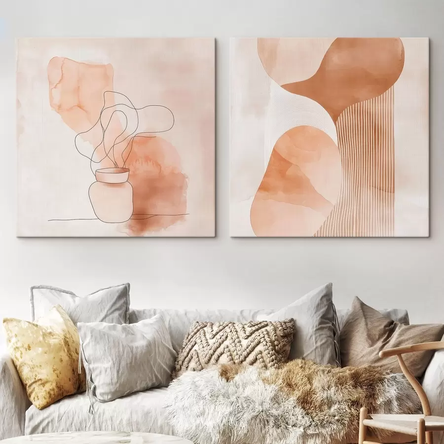 Tablouri Forme abstracte într-o paletă de culori bej-piersică, cu accente liniare într-un stil minimalist m30361