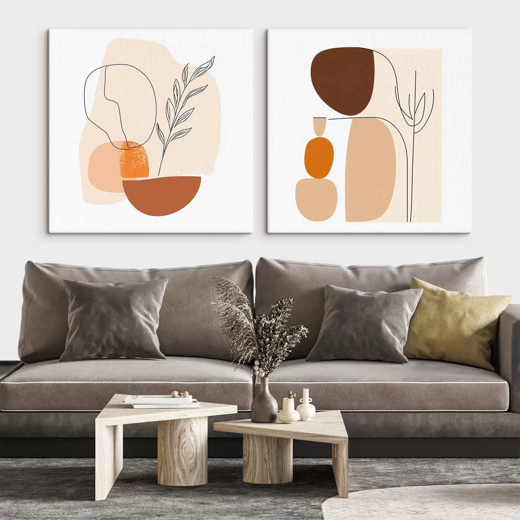 Tablouri Flori abstracte într-o paletă caldă de nuanțe bej-coral: ilustrație în stil minimalist m30362