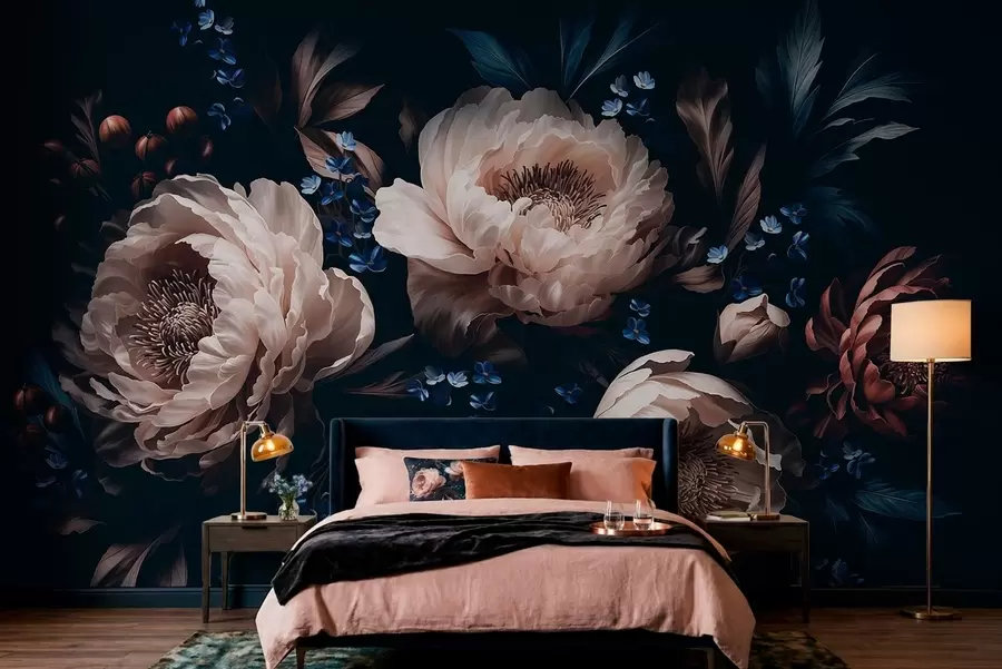 fototapet Compoziție florală în culori închise, cu flori mari și frunze w05533