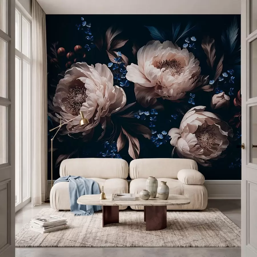 fototapet Compoziție florală în culori închise, cu flori mari și frunze w05533