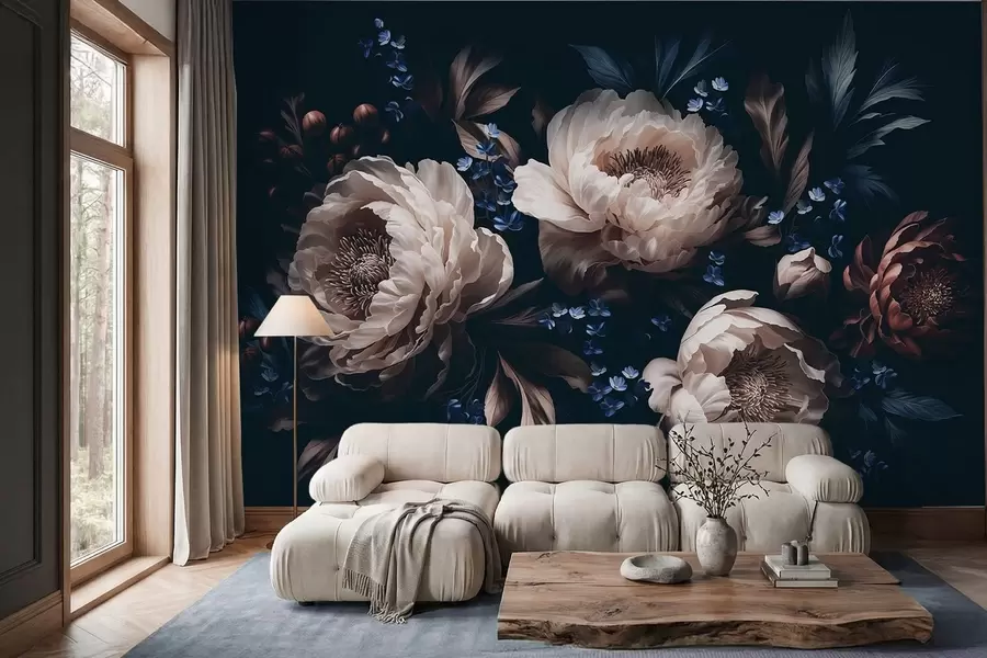fototapet Compoziție florală în culori închise, cu flori mari și frunze w05533
