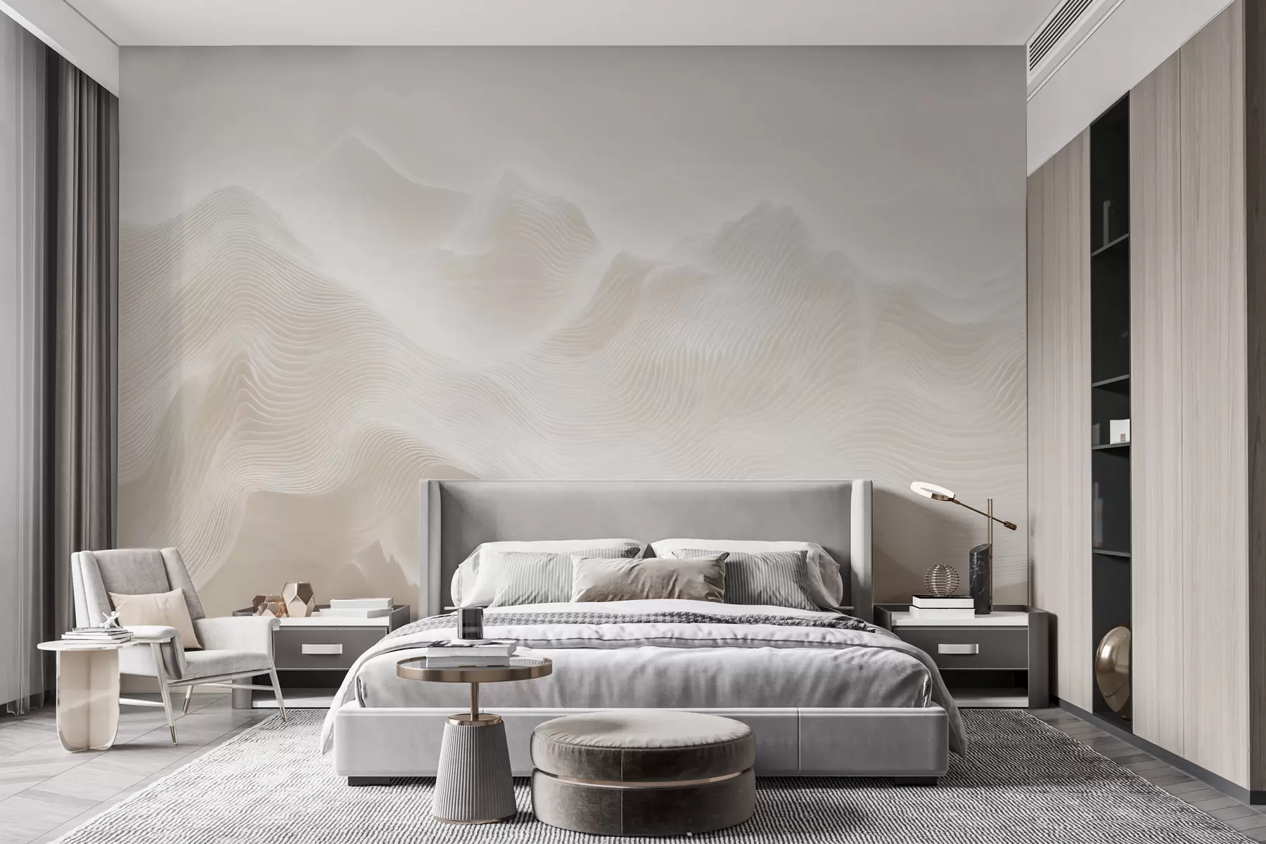 fototapet Munti abstracți, cu forme ondulate, într-o paletă de culori bej, în stil minimalist w09713