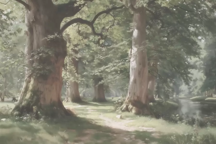 fototapet Peisaj de pădure de basm, într-o paletă delicată de verde-bej, în stil pictural w09845