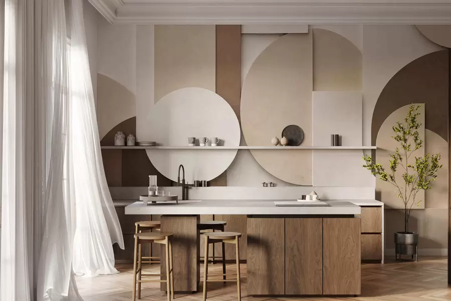 fototapet Forme geometrice bej cu textură, într-o compoziție 3D stratificată, decor de perete minimalist și modern w05598