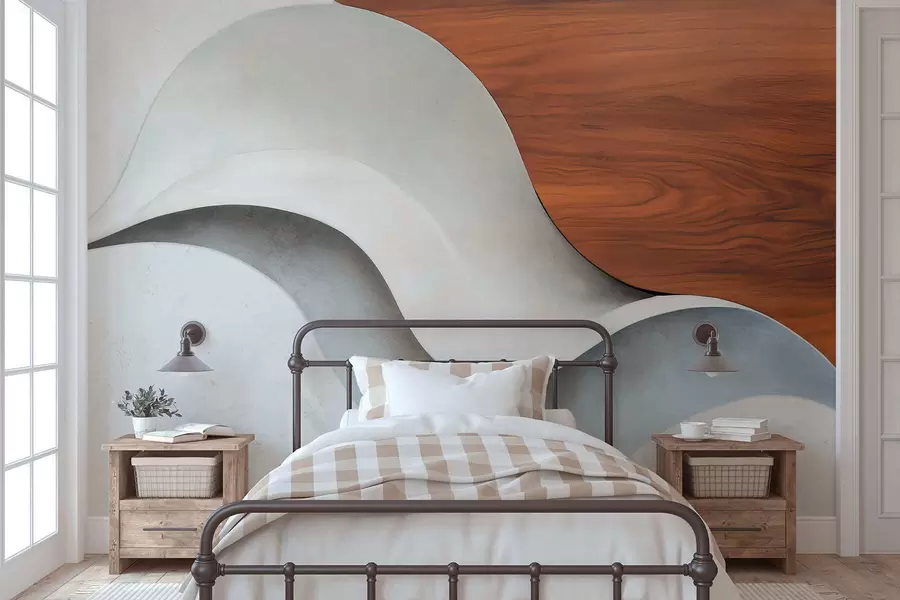 fototapet Valuri abstracte curgătoare, cu accente calde de lemn, într-un design contemporan minimalist w05599