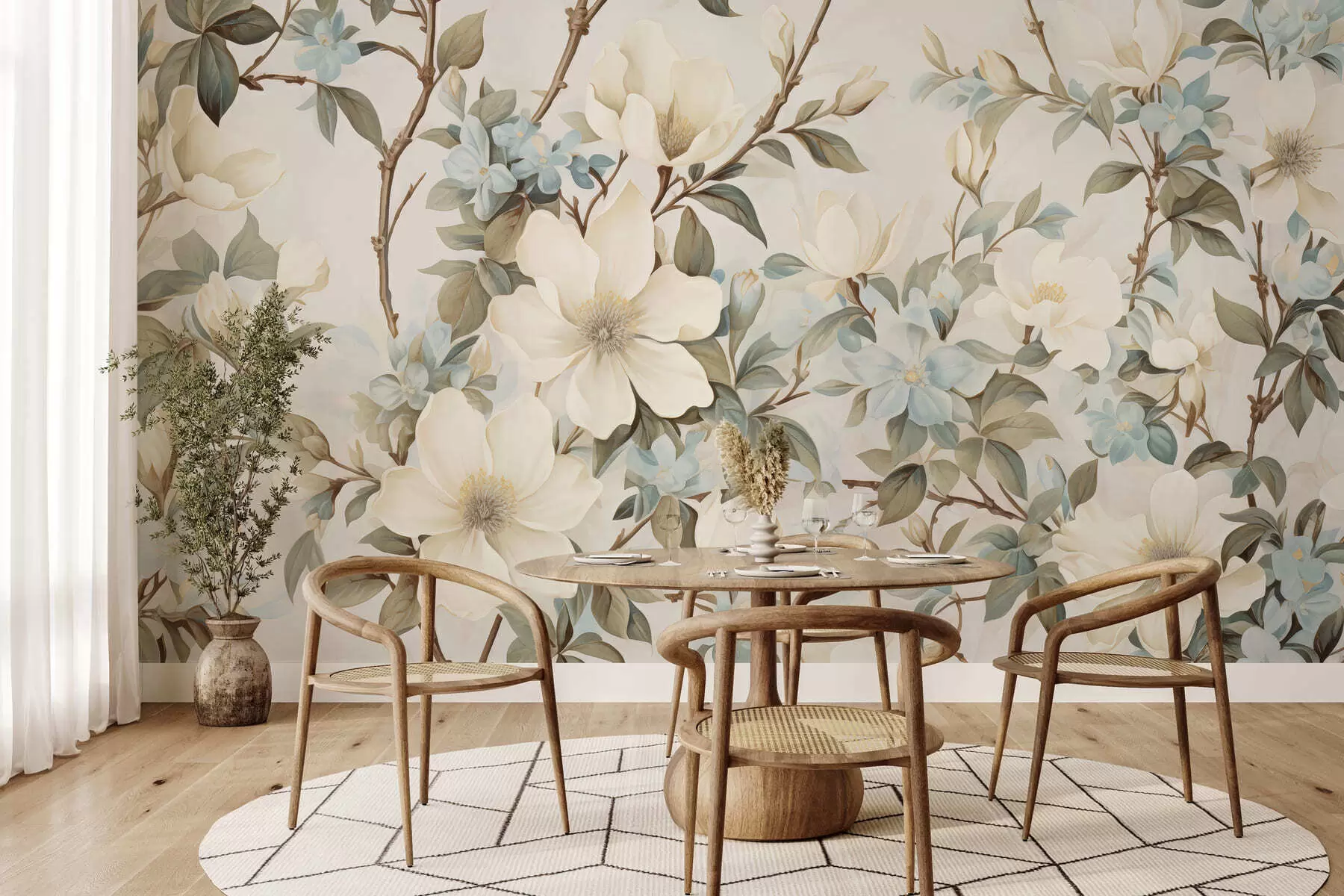 fototapet Flori delicate și frunze verzi, delicate, într-un stil pictural vintage, cu tușe subtile w05601