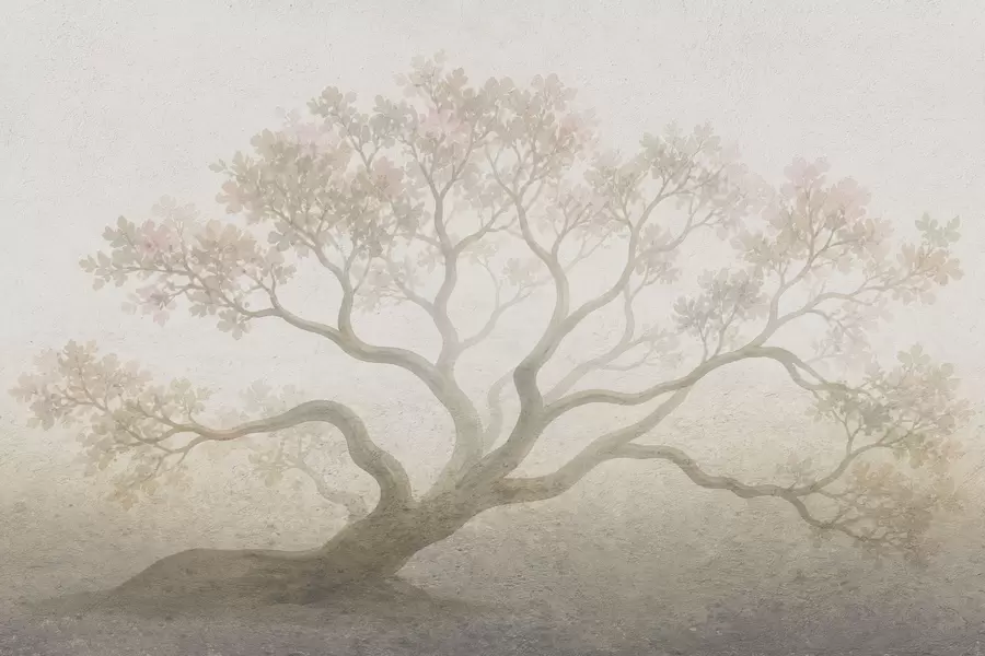 fototapet Peisaj minimalist cu copaci învăluiți în ceață, în nuanțe delicate de bej, o operă de artă cu o atmosferă visătoare w05602