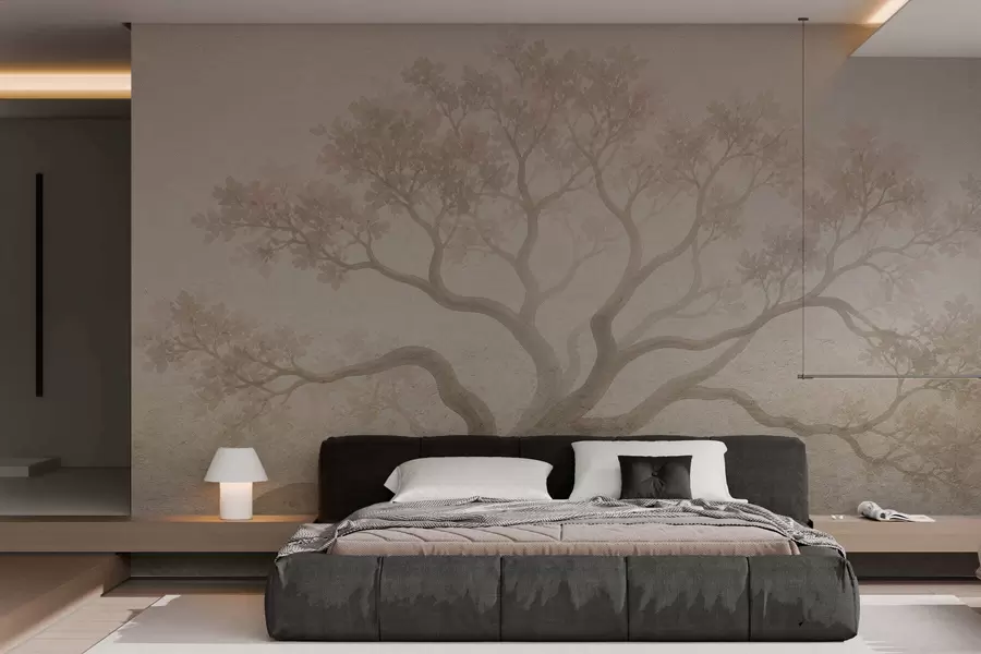 fototapet Peisaj minimalist cu copaci învăluiți în ceață, în nuanțe delicate de bej, o operă de artă cu o atmosferă visătoare w05602