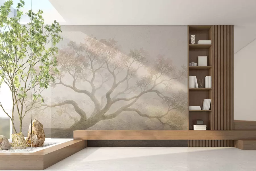 fototapet Peisaj minimalist cu copaci învăluiți în ceață, în nuanțe delicate de bej, o operă de artă cu o atmosferă visătoare w05602
