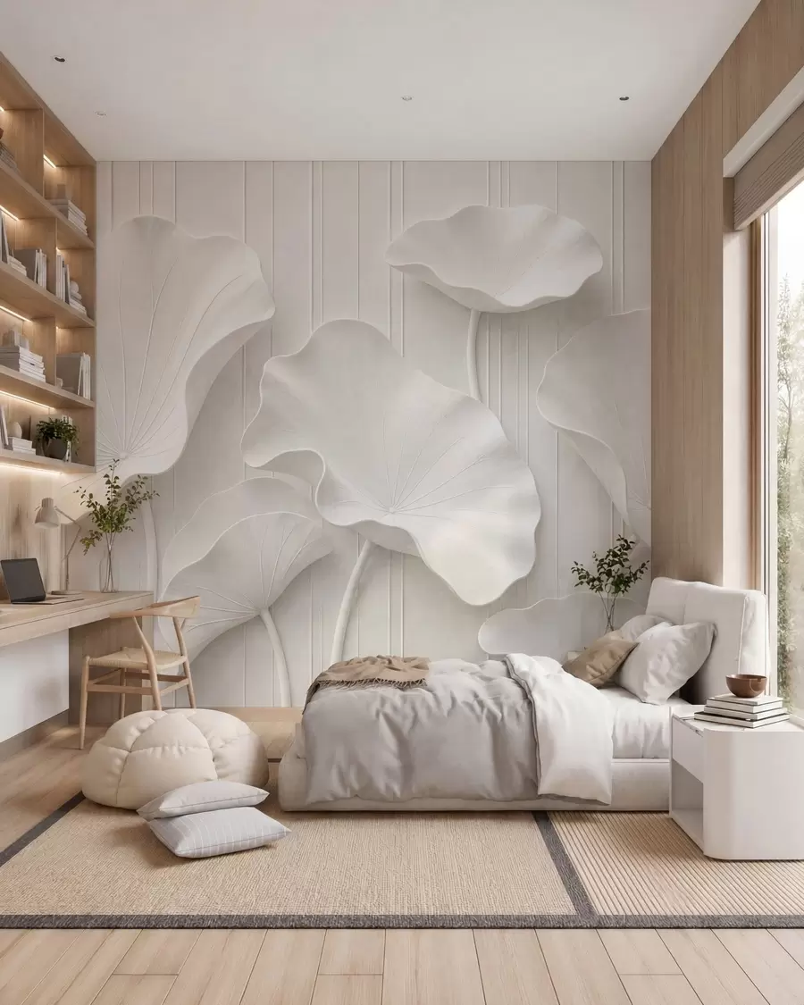 fototapet Relief floral sculptural alb, cu petale suprapuse, un decor de perete elegant în 3D w05604