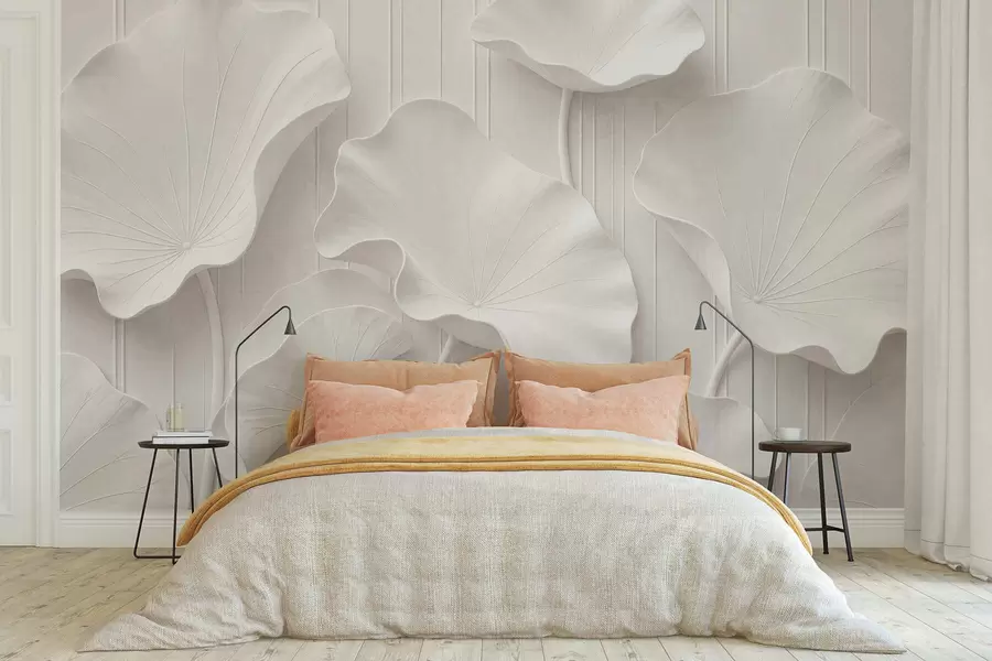 fototapet Relief floral sculptural alb, cu petale suprapuse, un decor de perete elegant în 3D w05604