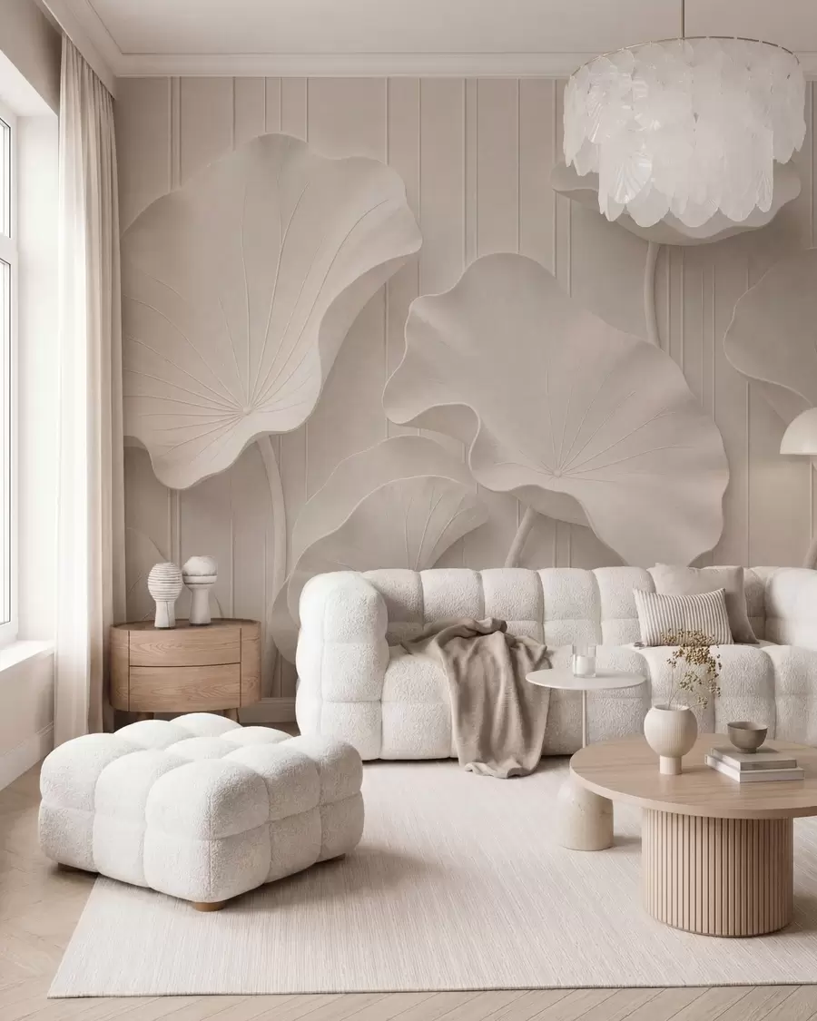 fototapet Relief floral sculptural alb, cu petale suprapuse, un decor de perete elegant în 3D w05604