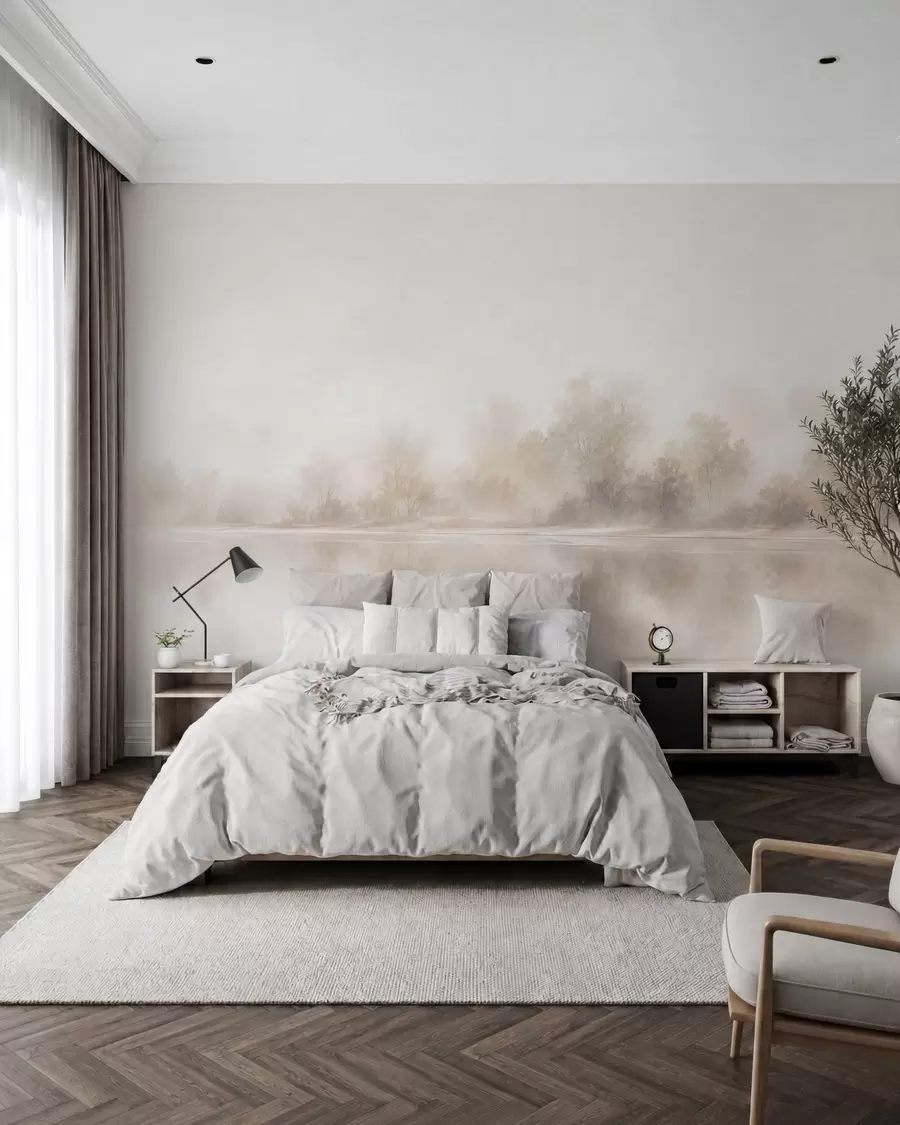 fototapet Peisaj minimalist în ceață, cu reflexii delicate în nuanțe neutre calde w05606