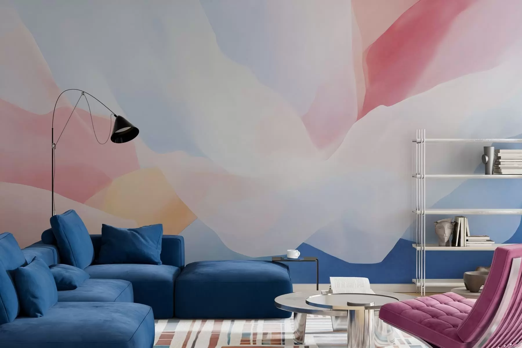 fototapet Valuri abstracte în pastel, cu degradeuri delicate de roz și albastru, în stil acuarelă w05609