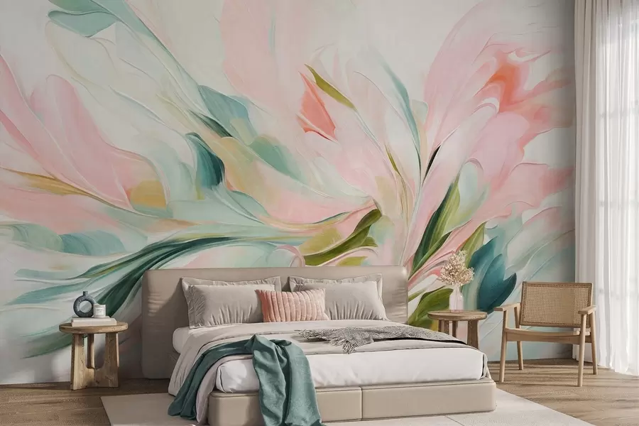 fototapet Stil de pictură florală abstractă, cu tușe delicate în culori pastelate pe un fundal deschis w09871