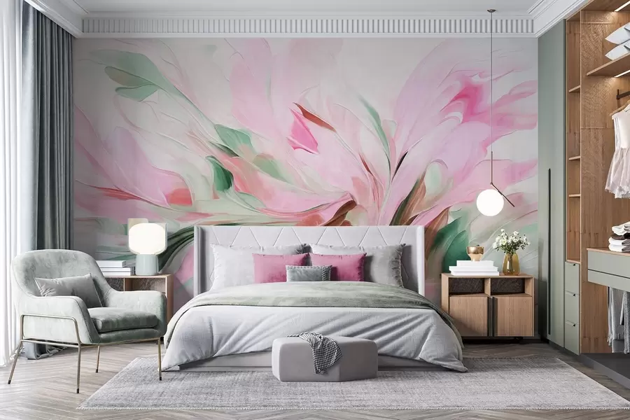 fototapet Stil de pictură florală abstractă, cu tușe delicate în culori pastelate pe un fundal deschis w09871v1