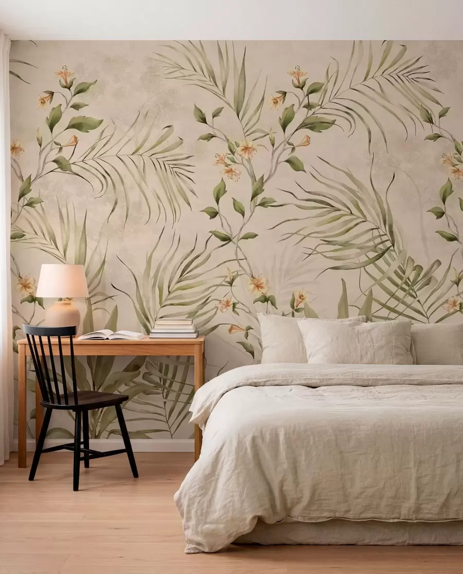 fototapet Frunze tropicale și flori delicate pe un fundal bej w05625