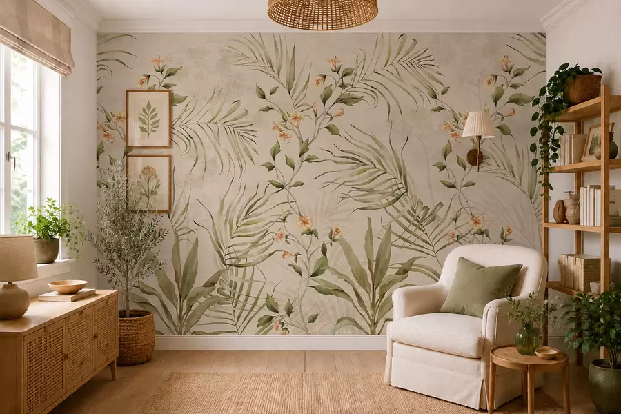 fototapet Frunze tropicale și flori delicate pe un fundal bej w05625