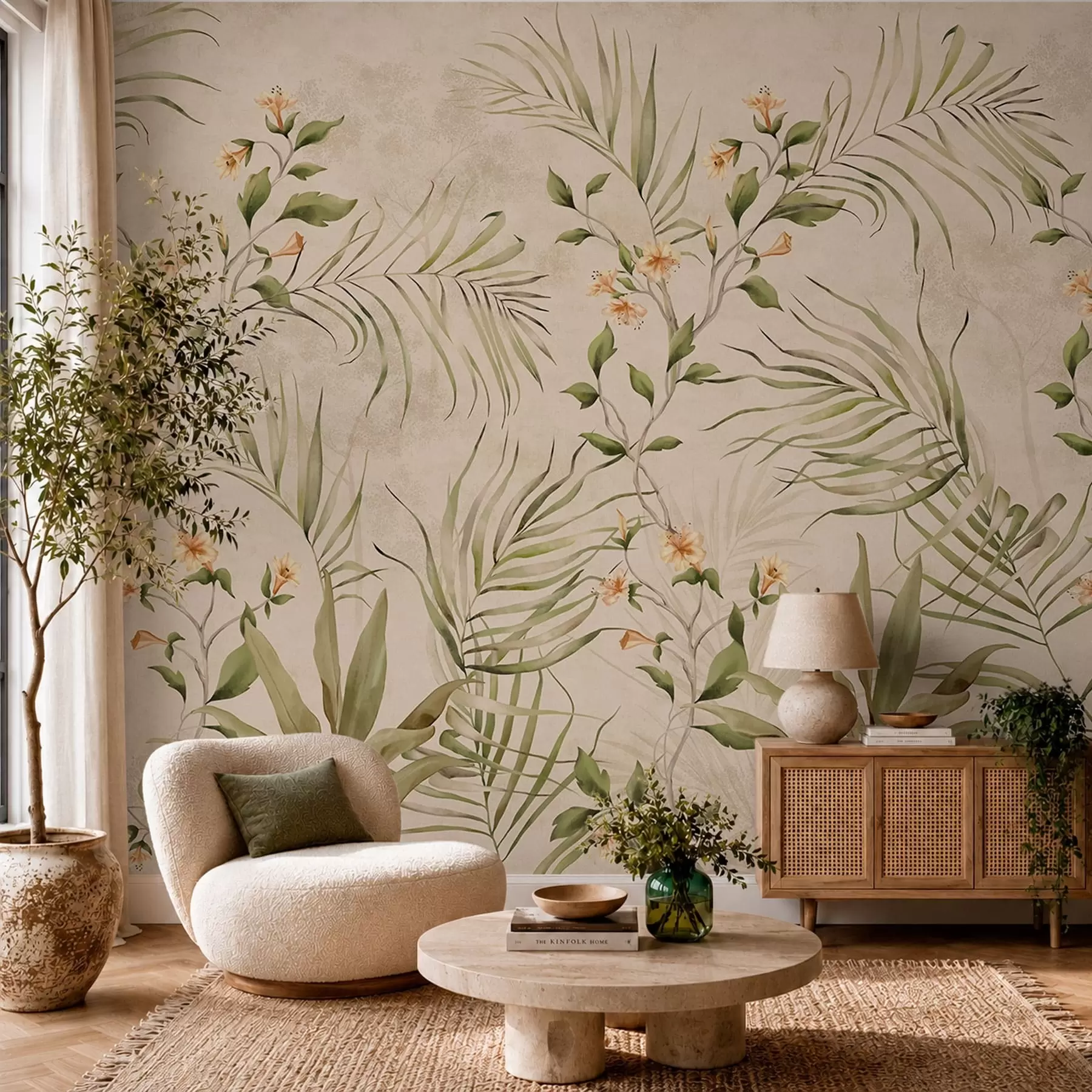 fototapet Frunze tropicale și flori delicate pe un fundal bej w05625