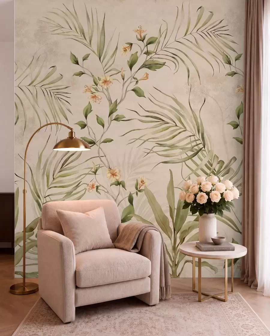 fototapet Frunze tropicale și flori delicate pe un fundal bej w05625