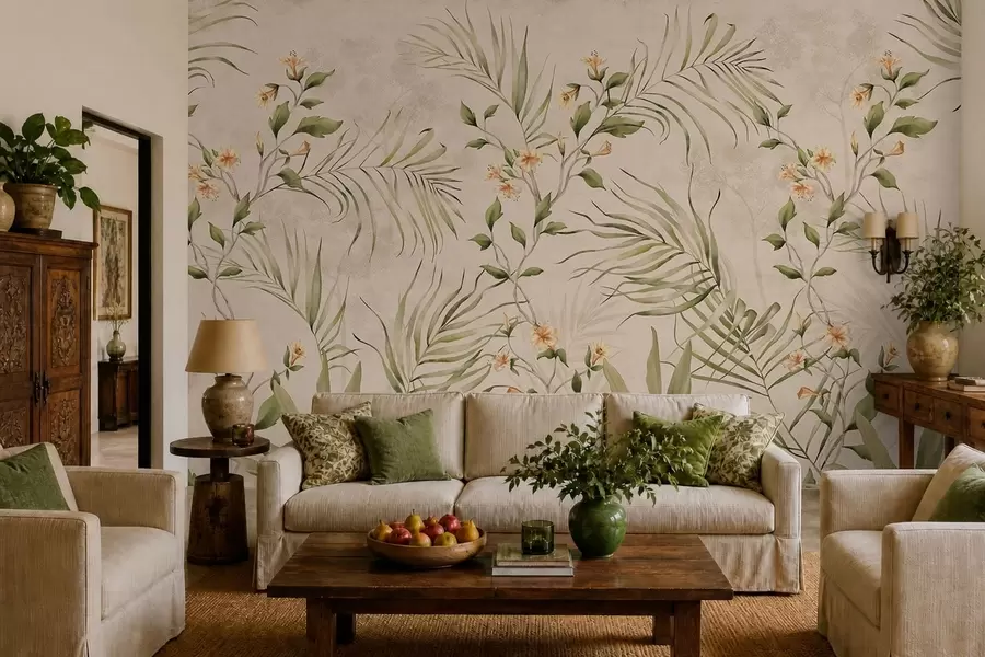 fototapet Frunze tropicale și flori delicate pe un fundal bej w05625