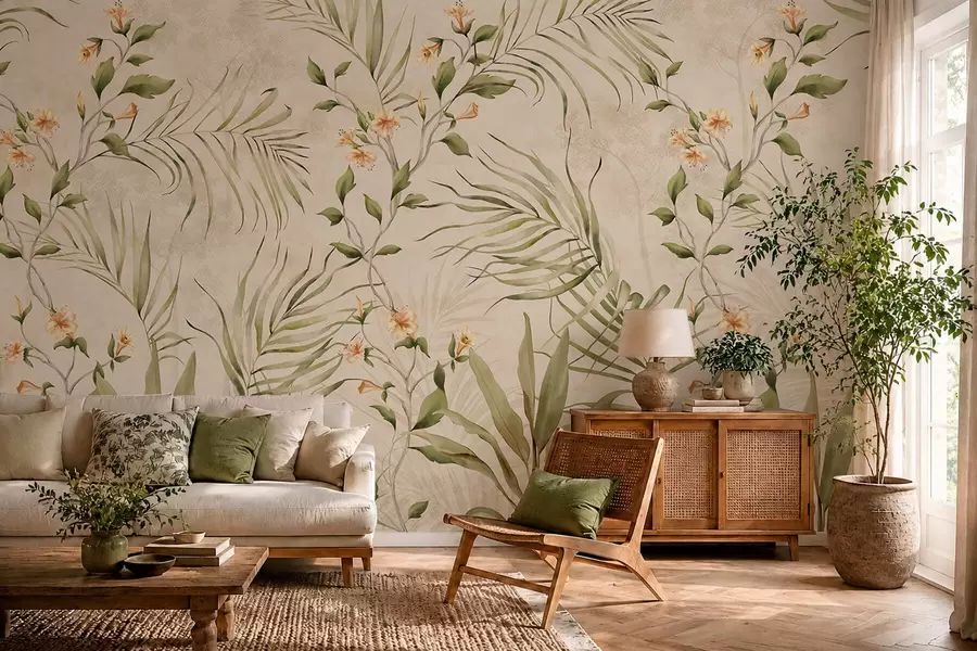 fototapet Frunze tropicale și flori delicate pe un fundal bej w05625