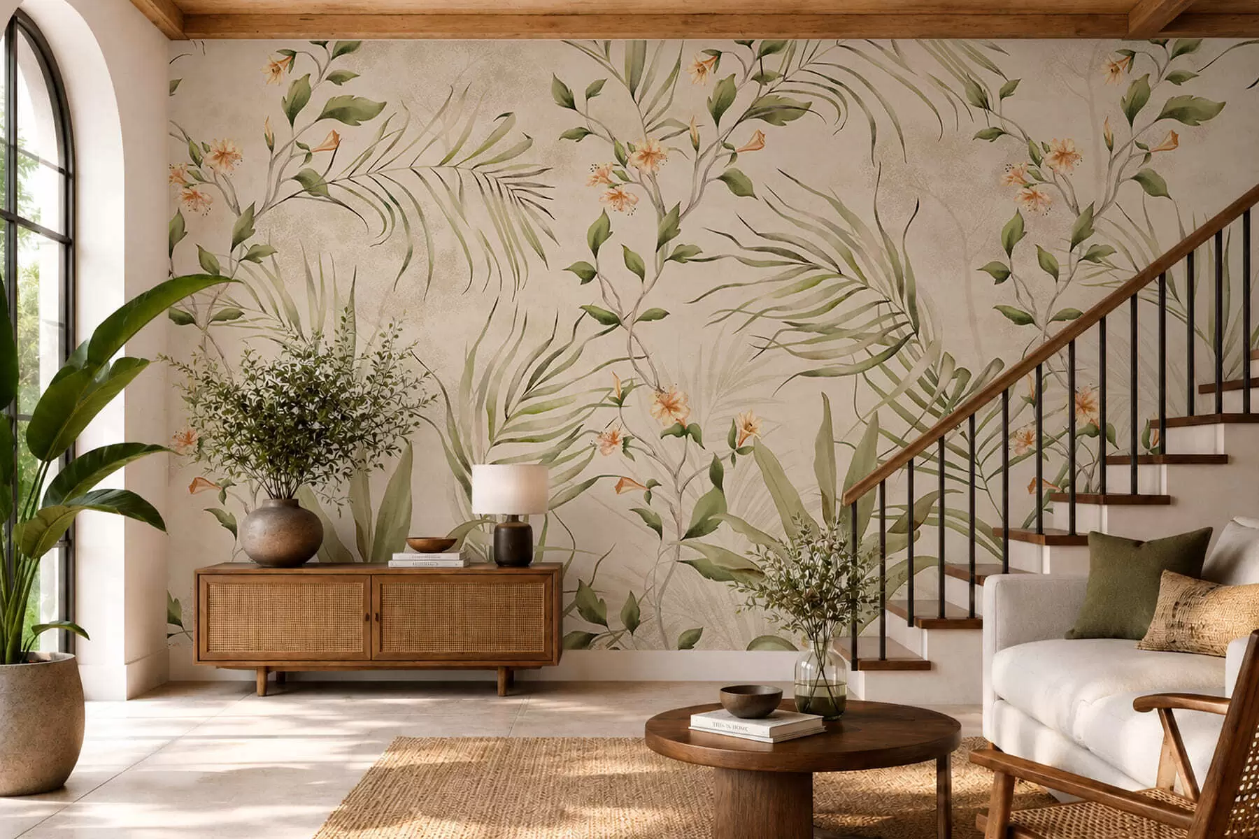 fototapet Frunze tropicale și flori delicate pe un fundal bej w05625