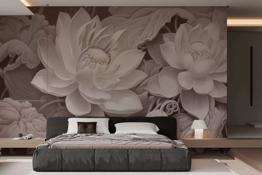 fototapet Flori de lotus în stil vintage, cu nuanțe delicate de sepia și petale detaliate, ilustrație botanică artistică w05494v1