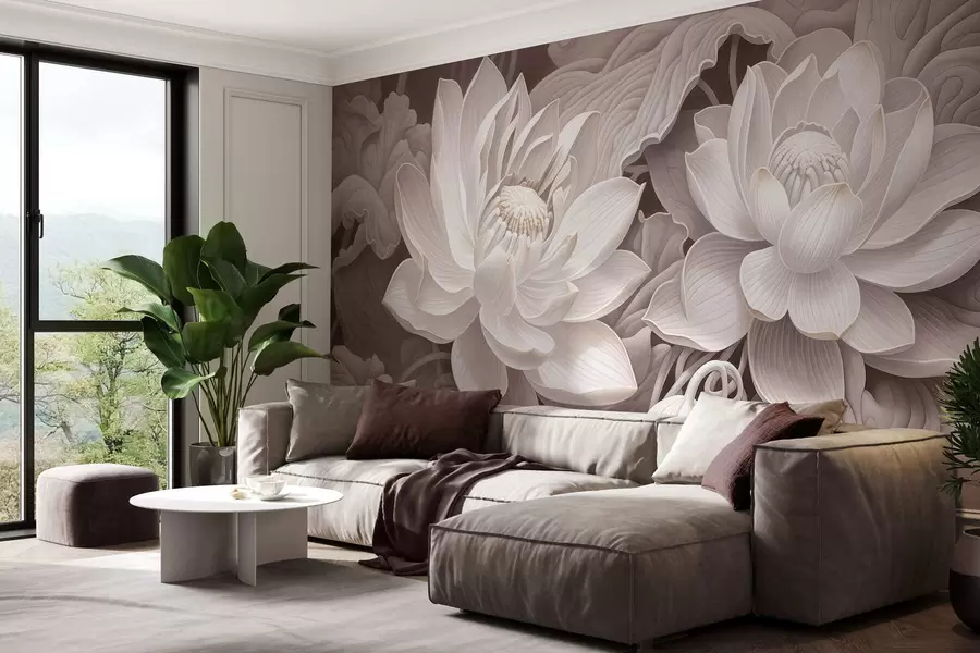 fototapet Flori de lotus în stil vintage, cu nuanțe delicate de sepia și petale detaliate, ilustrație botanică artistică w05494v1