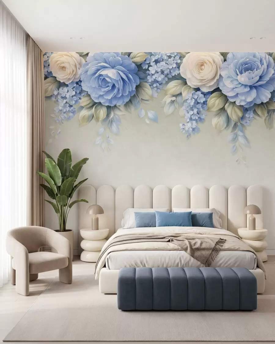 fototapet Trandafiri delicați și buchete florale într-o compoziție botanică inspirată de porțelan, cu petale suprapuse delicate și frunze elegante, care se unduiesc w05495