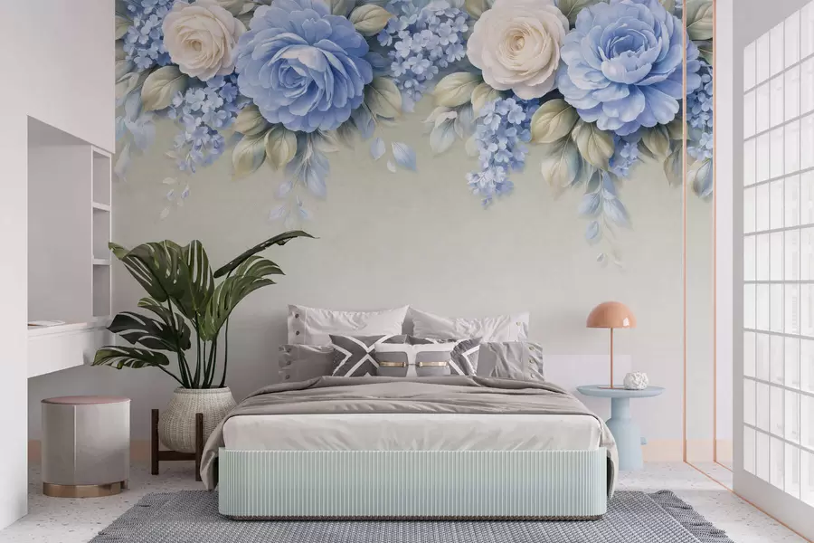 fototapet Trandafiri delicați și buchete florale într-o compoziție botanică inspirată de porțelan, cu petale suprapuse delicate și frunze elegante, care se unduiesc w05495