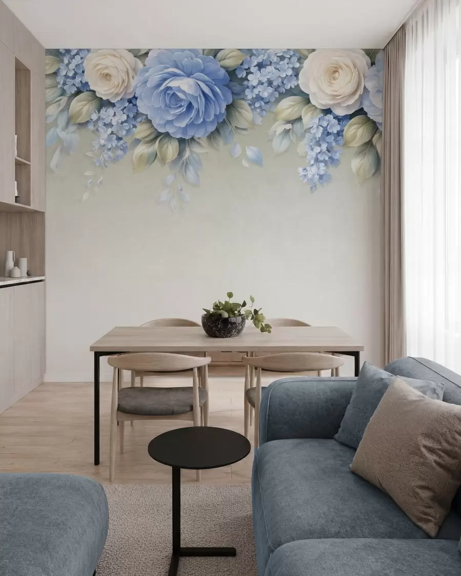 fototapet Trandafiri delicați și buchete florale într-o compoziție botanică inspirată de porțelan, cu petale suprapuse delicate și frunze elegante, care se unduiesc w05495