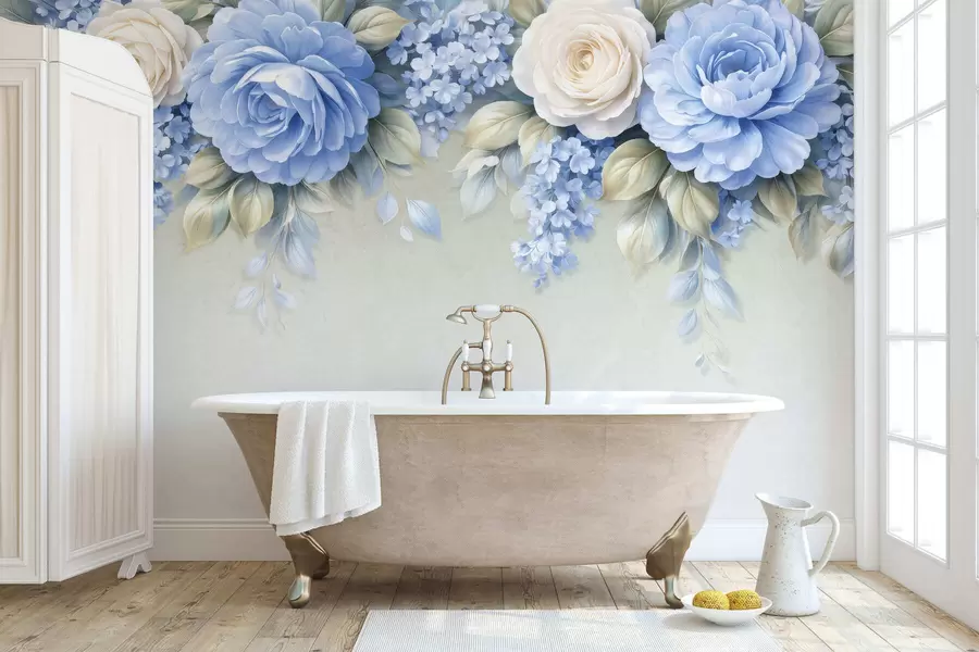 fototapet Trandafiri delicați și buchete florale într-o compoziție botanică inspirată de porțelan, cu petale suprapuse delicate și frunze elegante, care se unduiesc w05495