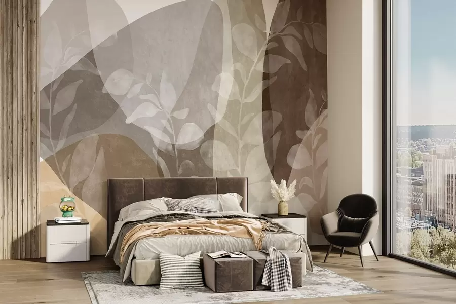 fototapet Forme abstracte în nuanțe de pământ se suprapun cu elemente botanice transparente și opere de artă cu textură w09865