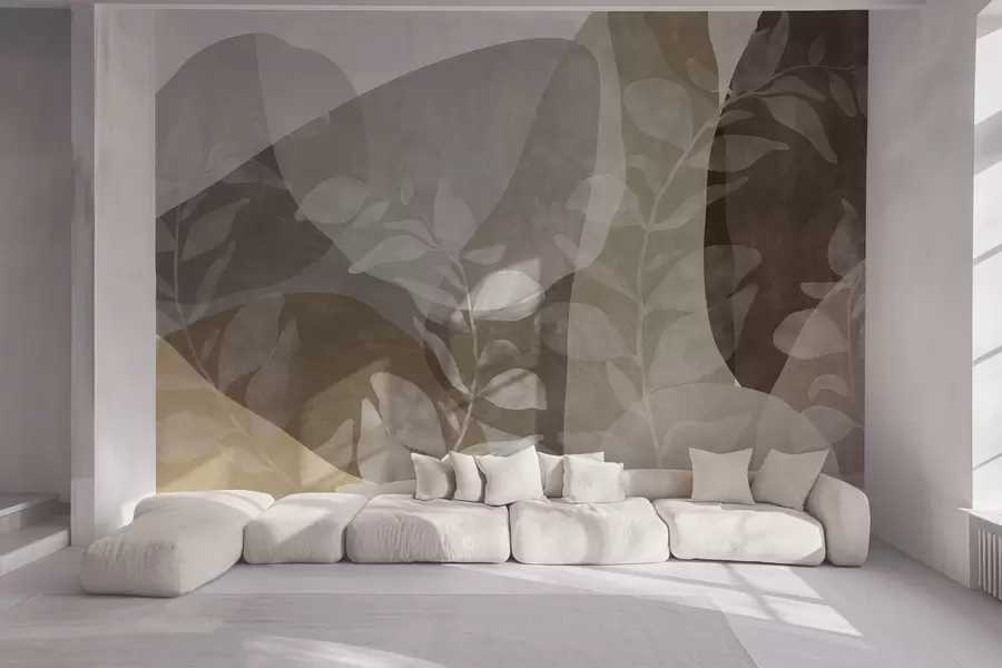 fototapet Forme abstracte în nuanțe de pământ se suprapun cu elemente botanice transparente și opere de artă cu textură w09865
