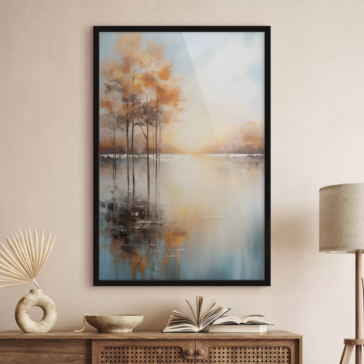 Poster Peisaj, copaci cu frunze portocalii, lac, soarele în fundal f49152