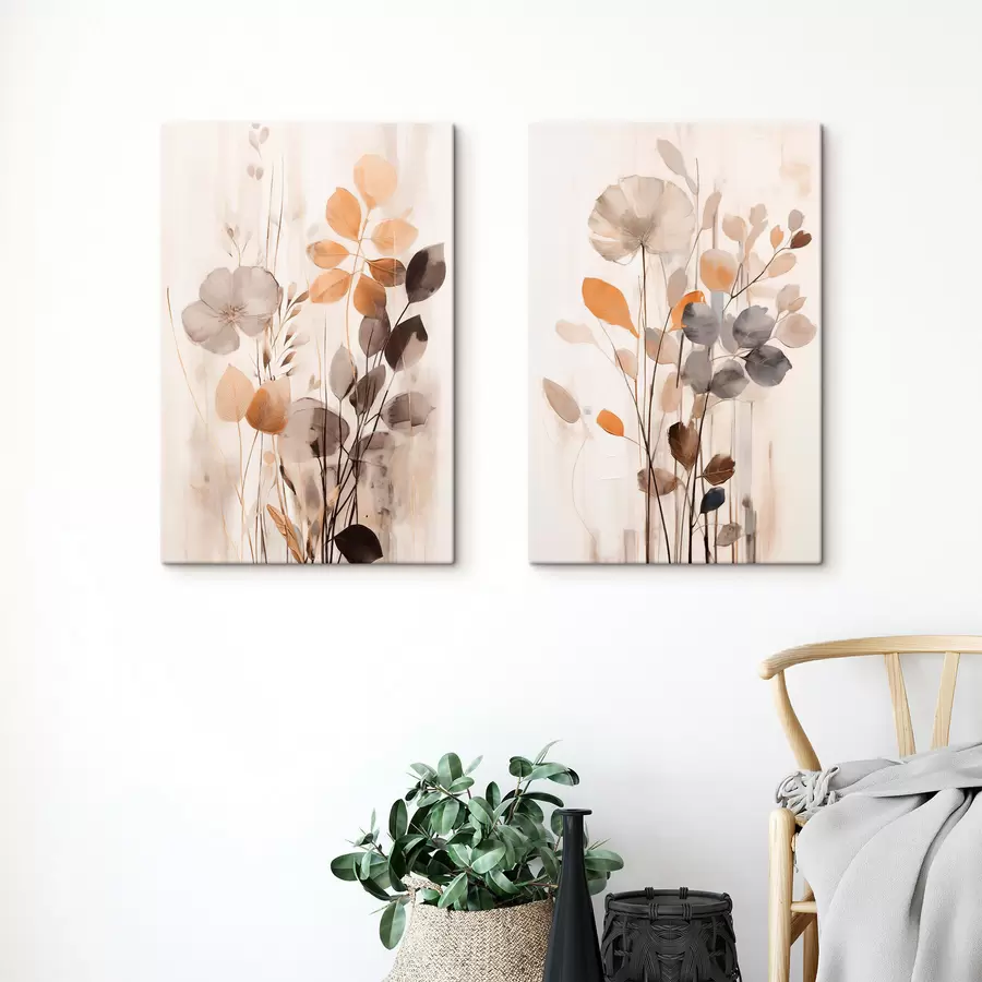 Tablouri Aranjament floral în nuanțe discrete de portocaliu și gri, artă abstractă m30470