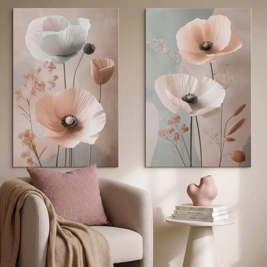 Tablouri Diptych cu flori delicate în nuanțe pastelate m30486