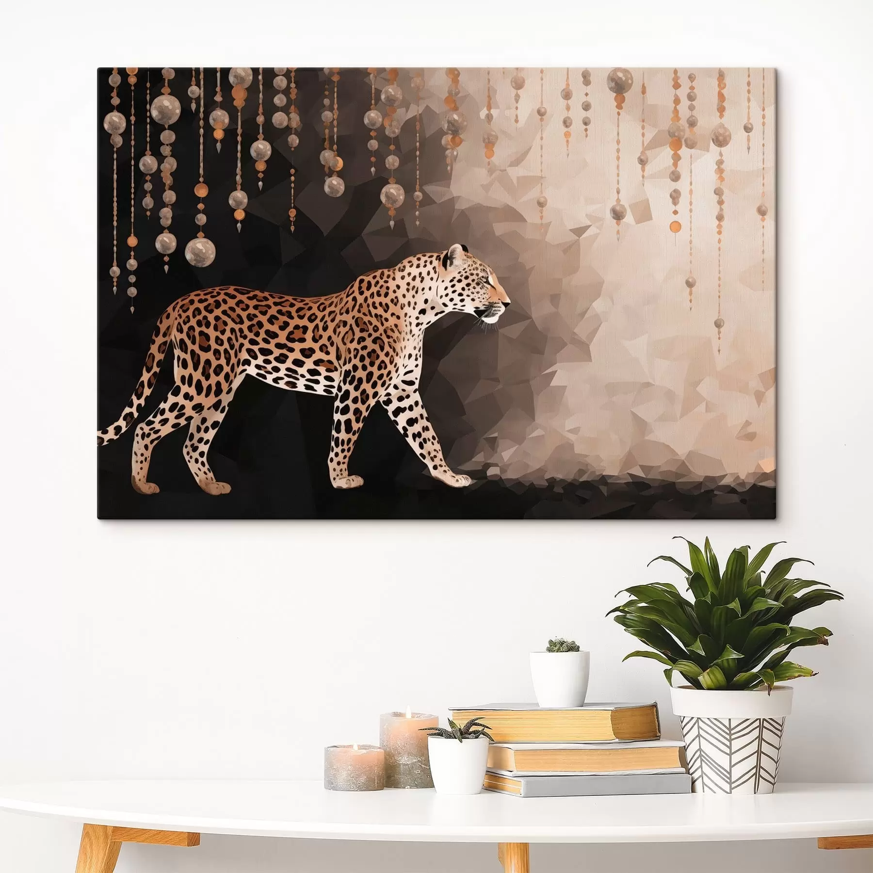 Tablouri Leopard pe fundal geometric, cu elemente suspendate s49188