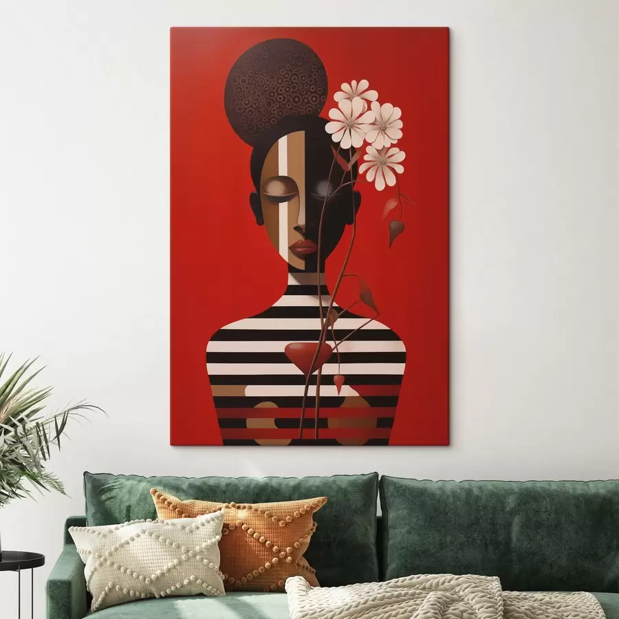 Tablouri Portret geometric cu flori pe fond roșu s49191