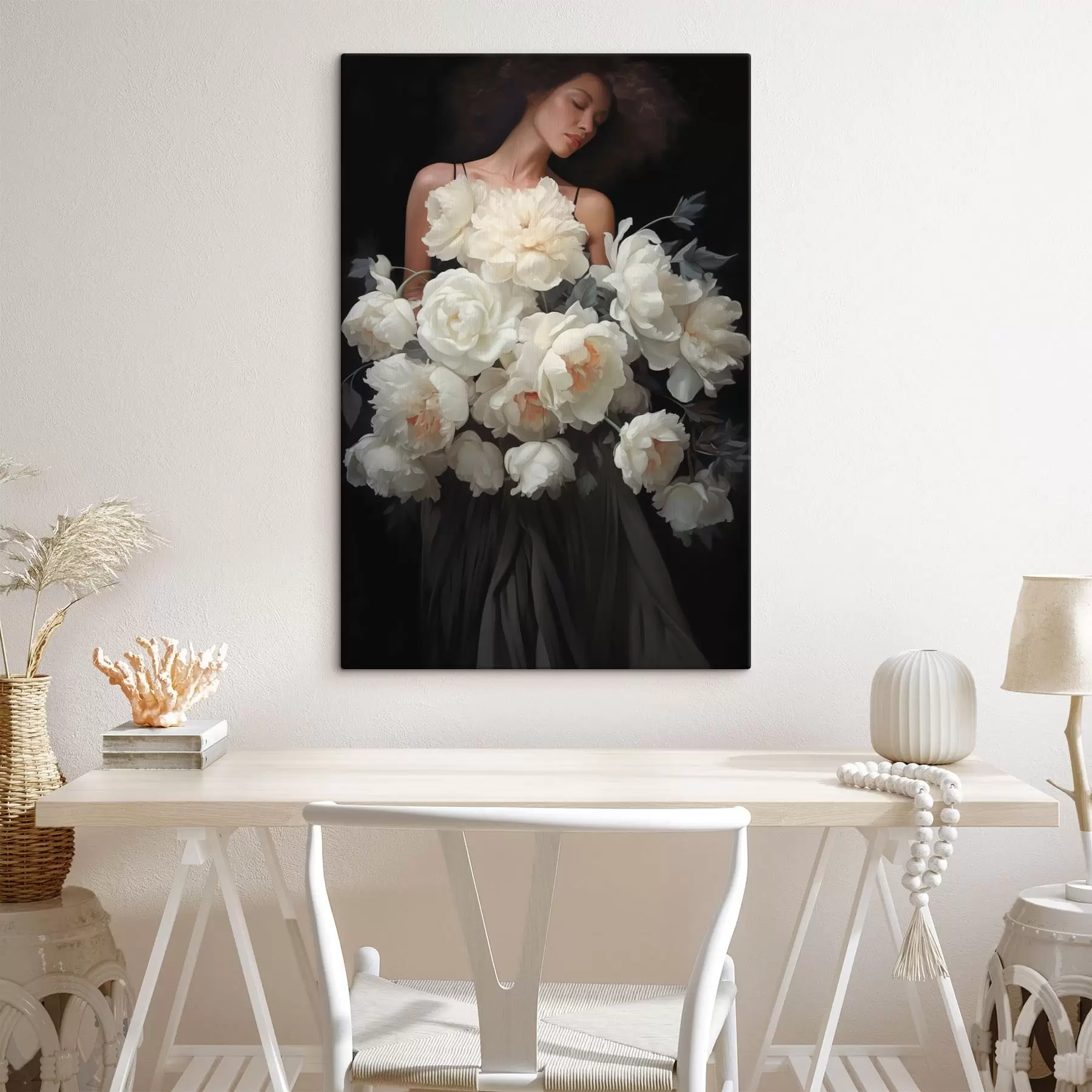 Tablouri O femeie cu un buchet mare de flori în culori deschise s49220