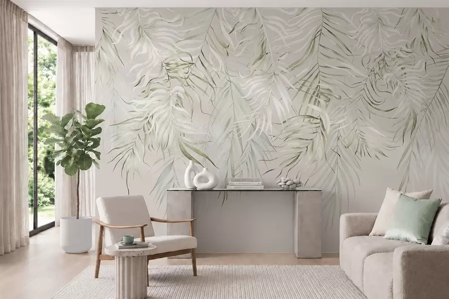 fototapet Frunze tropicale în culori pastelate pe un fundal deschis w05627