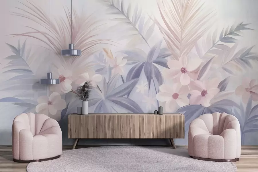 fototapet Flori tropicale și frunze de palmier în nuanțe discrete de albastru și roz, în stil pictural w09832