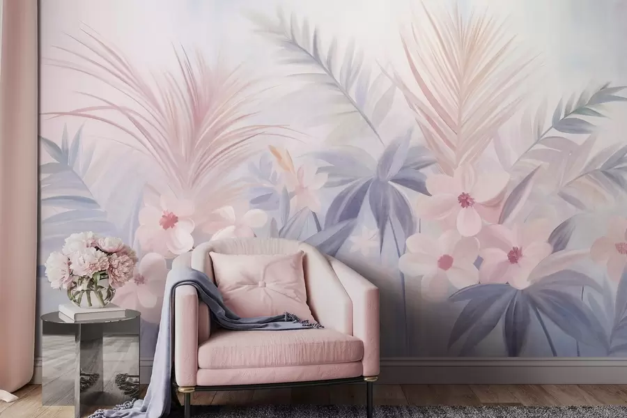 fototapet Flori tropicale și frunze de palmier în nuanțe discrete de albastru și roz, în stil pictural w09832