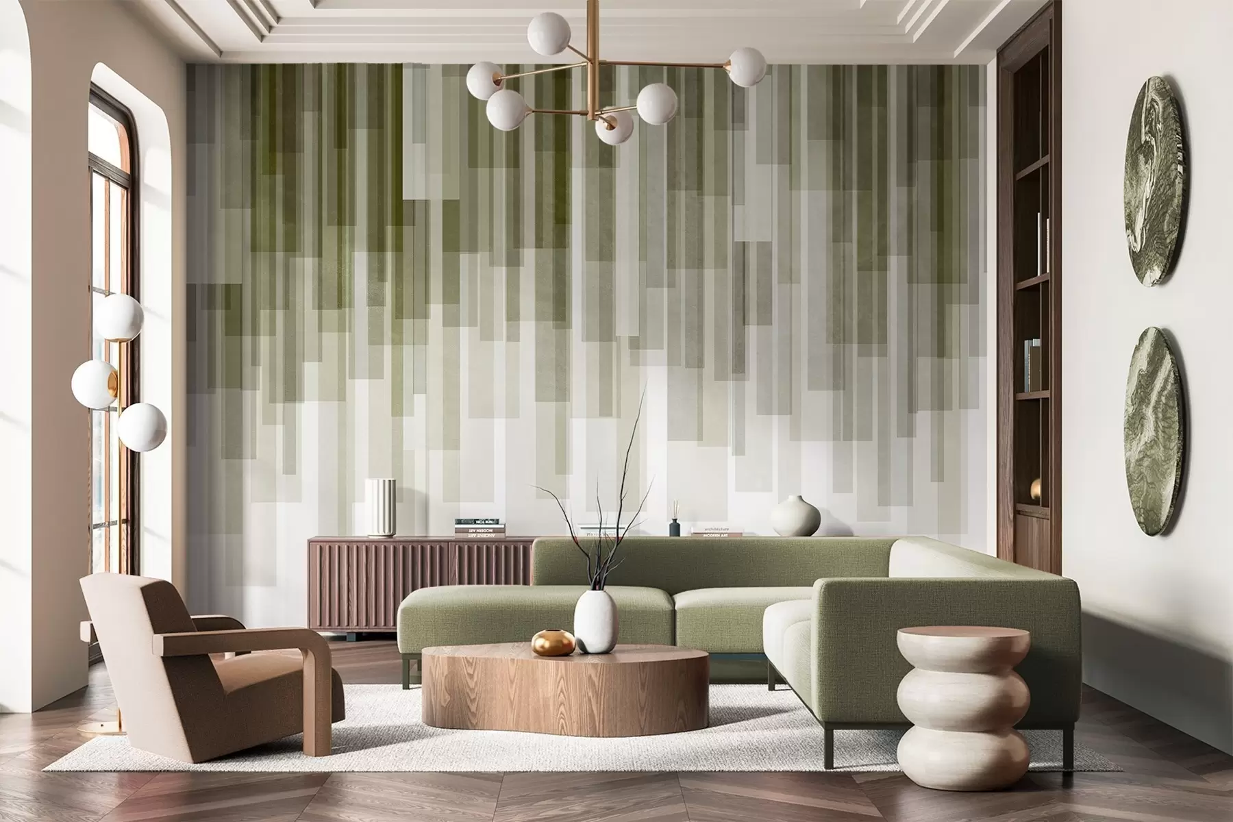 fototapet Dreptunghiuri verticale texturate, cu transparență variabilă și nuanțe de verde, artă abstractă w09889